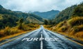 The word PURPOSE written on an open asphalt road amidst a vast landscape, invoking a sense of direction, goal setting, and