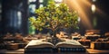 World philosophy day concept with tree of knowledge planting on opening old big book in library full with textbook stack piles of Royalty Free Stock Photo