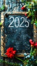 The year 2025 written in bold white chalk on a classic blackboard, symbolizing future planning, goal setting, and upcoming