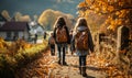 Young Students on School Road Back to School in Autumn