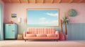 Generating AI illustration of a lovely pink cushion sofa