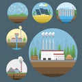 Generation energy types power plant icons vector renewable alternative solar wave illustration Royalty Free Stock Photo