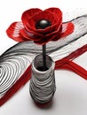 Red fine lines in pen and ink that form the outline of a pen and a poppy flower. Royalty Free Stock Photo