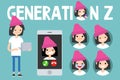 Generation Z conceptual set. sign, full length millennial girl