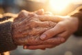 Generational Connection: Young and Elderly Hands in Warm Sunlight Royalty Free Stock Photo