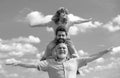 Generational famil. Father, son and grandfather happy multi genration family with raising hands or open arms flying on