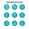 Generations - Golden Years Icon Set with retirement calendar , money, etc Royalty Free Stock Photo