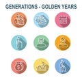 Generations - Golden Years Icon Set with retirement calendar , money, etc Royalty Free Stock Photo