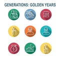 Generations - Golden Years Icon Set with retirement calendar , money, etc Royalty Free Stock Photo