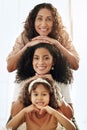 Generations, stack portrait and women of family with grandmother, mother and daughter with smile. Black woman, grandma