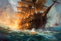 Old galley at sea oil painting Royalty Free Stock Photo