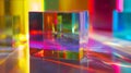 Generative AI Abstract background with closeup shot of glossy crystal block with multicolored gradient reflection