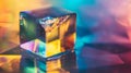Generative AI Abstract background with closeup shot of glossy crystal block with multicolored gradient reflection Royalty Free Stock Photo