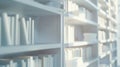 Generative AI Abstract blurred modern white bookshelves with books manuals and textbooks on bookshelves in library