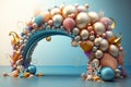 Generative AI of abstract composition with blue arch decorated with pearl beads and seashells