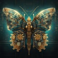 Generative AI: Abstract fantasy colorful mechanical butterfly blue background