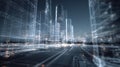 Generative AI Abstract Futuristic Cityscape Visualization with Wireframe Buildings and Glowing Lights Representing Royalty Free Stock Photo
