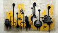 Generative AI, Abstract Street art with keys and musical instruments silhouettes. Royalty Free Stock Photo