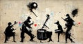 Generative AI, Abstract Street art with keys and musical instruments silhouettes.