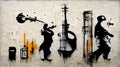 Generative AI, Abstract Street art with keys and musical instruments silhouettes. Royalty Free Stock Photo