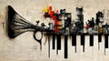 Generative AI, Abstract Street art with keys and musical instruments silhouettes. Royalty Free Stock Photo