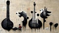 Generative AI, Abstract Street art with keys and musical instruments silhouettes. Ink colorful graffiti art Royalty Free Stock Photo