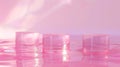 Generative AI Abstract surreal scene empty stage with three clear glass cylinder podiums on pastel pink holograph