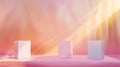 Generative AI Abstract surreal scene empty stage with three rectangle white podiums on pastel pink and gold color