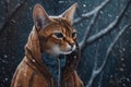Generative AI, abyssinian cat adventurer in winter forets. Royalty Free Stock Photo