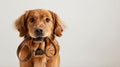 Generative AI Adorable Golden Retriever dog holding leash in mouth on white background business concept. Royalty Free Stock Photo