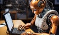 Advanced AI robot engaged in mathematics, attending a class with a digital tablet displaying complex algebraic equations