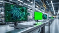 Generative AI Advanced Automated Industrial Factory Computer Monitors Displaying Complex Data Analysis and Operati Royalty Free Stock Photo