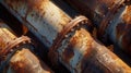 Generative AI An aerial close-up of the rusting pipes of an old abandoned factory on a sunny day. business concept