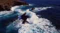 Generative AI Aerial view of a big wave hitting a lava rock in an amazing sea with stunning colors Playa del Pozo Royalty Free Stock Photo