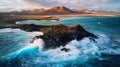 Generative AI Aerial view of a big wave hitting a lava rock in an amazing sea with stunning colors Playa del Pozo Royalty Free Stock Photo