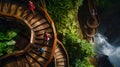 Generative AI Aerial view of Celeste waterfall tourists and spiral wooden stairs Costa Rica business concept. Royalty Free Stock Photo