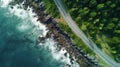 Generative AI, Aerial view of curved asphalt road near the ocean or sea
