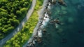 Generative AI, Aerial view of curved asphalt road near the ocean or sea