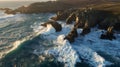 Generative AI Aerial view of Enys Dodnan Arch with rough seas during a winters storm Lands End Cornwall United Kin