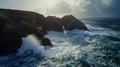 Generative AI Aerial view of Enys Dodnan Arch with rough seas during a winters storm Lands End Cornwall United Kin