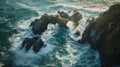 Generative AI Aerial view of Enys Dodnan Arch with rough seas during a winters storm Lands End Cornwall United Kin