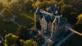 Generative AI Aerial view of Ooidonk castle during sunset situated near Gent Belgium business concept.