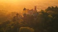 Generative AI Aerial view of Pena Palace a colourful Romanticist castle building on hilltop during a beautiful sun