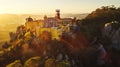 Generative AI Aerial view of Pena Palace a colourful Romanticist castle building on hilltop during a beautiful sun