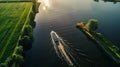 Generative AI Aerial view of solar panel boats navigating through the farmlands in Harlingen Friesland The Netherl