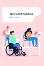 Generative AI African American male sits at workplace in wheelchair shares creative ideas and opinions with female