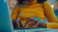 Generative AI African female employee working at laptop typing on keyboard Woman hands close up Businesswoman in c Royalty Free Stock Photo