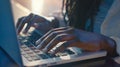 Generative AI African female employee working at laptop typing on keyboard Woman hands close up Businesswoman in c Royalty Free Stock Photo