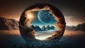 Generative AI, Alien planet, crystal ball with landscape, mountaints, stars Royalty Free Stock Photo