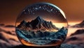 Generative AI, Alien planet, crystal ball with landscape, mountaints, stars Royalty Free Stock Photo